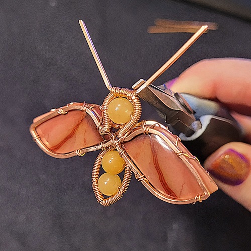 Jennifer Brooks's Rosy Maple Moth Pendant - , Contemporary Wire Jewelry, Lashing, Wire Lashing, Wire Wrapping, Wrapping, Wire Wrapping Jewelry, rosy maple moth pendant